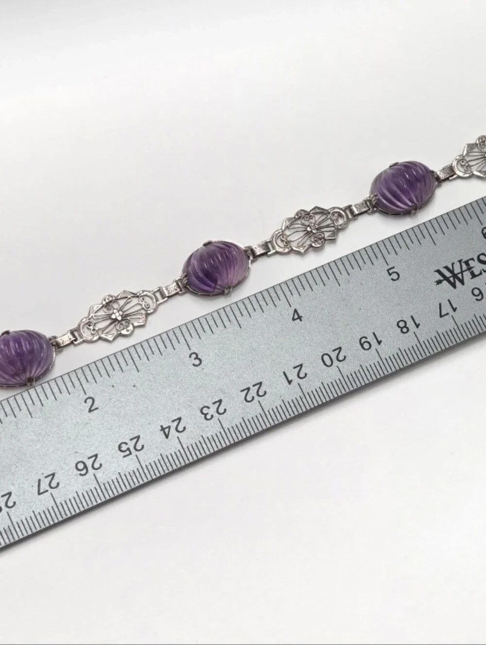 Vintage Art Deco Sterling Silver Filigree & Carved Amethyst Bracelet 7.5
